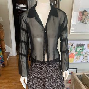 Sharagano  Paris high fashion black sheer blouse. Gathered trims in arms Size S